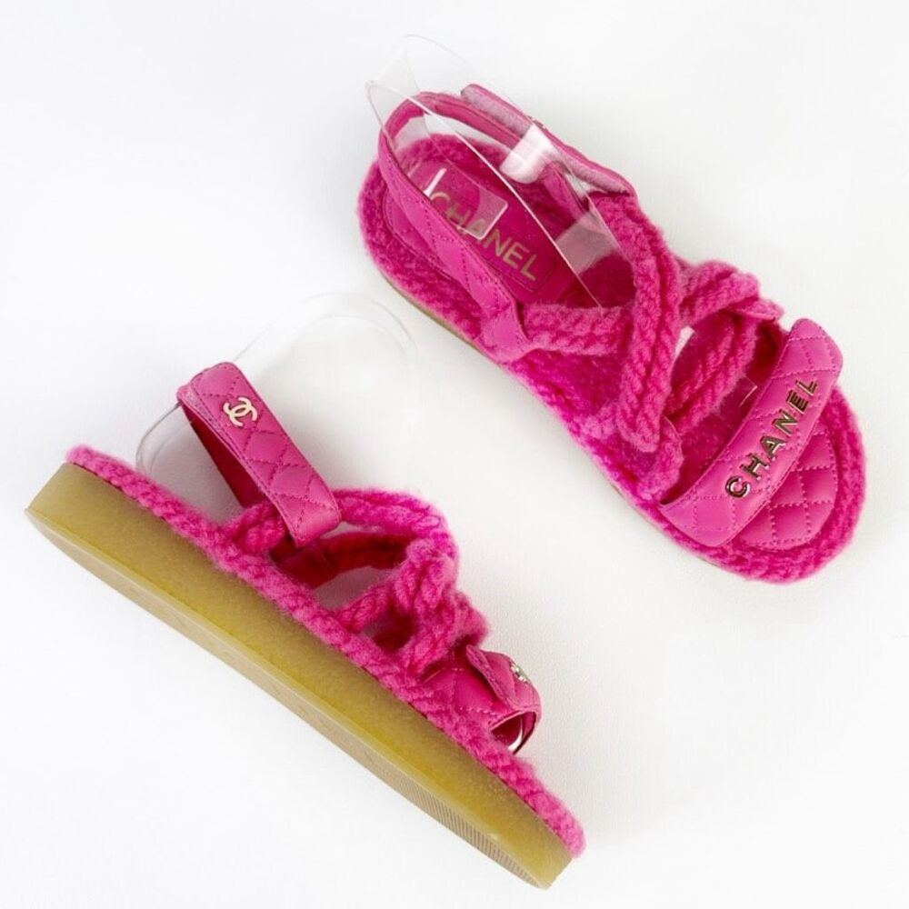CHANEL Pink Rope CC Dad Sandals Size 37 Open Toe Gladiator Slingback Fuzzy - Picture 13 of 13